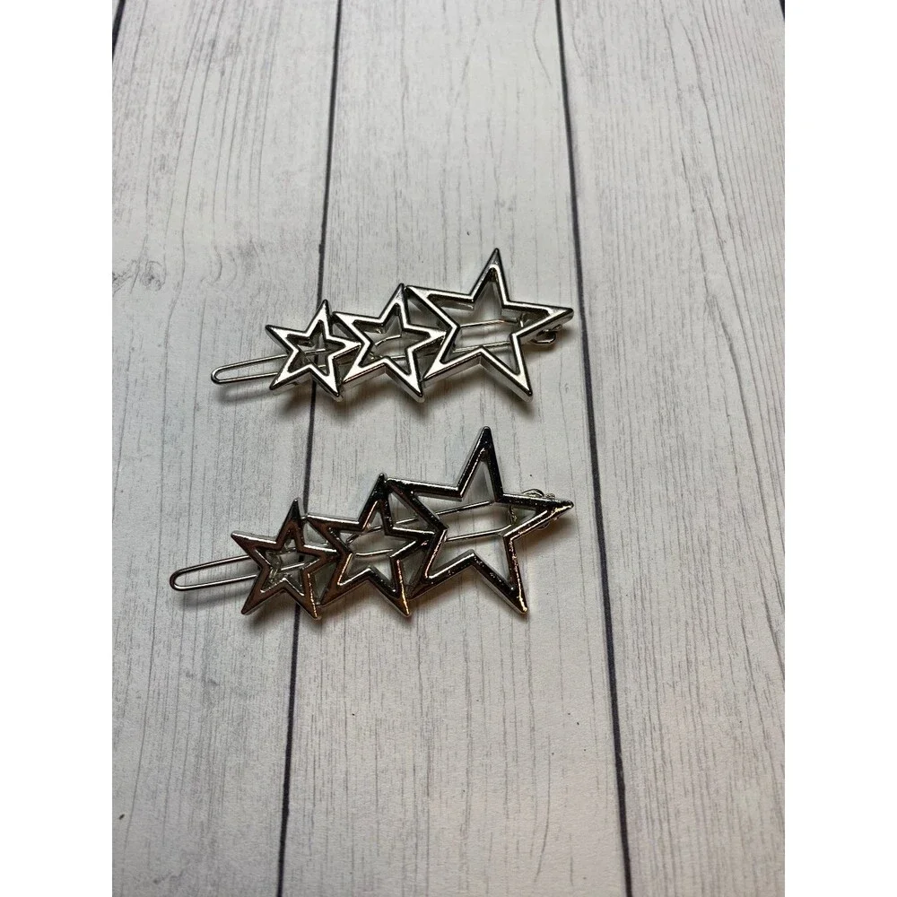 Silver Tone Star Triple Hair Clip  2 Inch Metal Hairpins